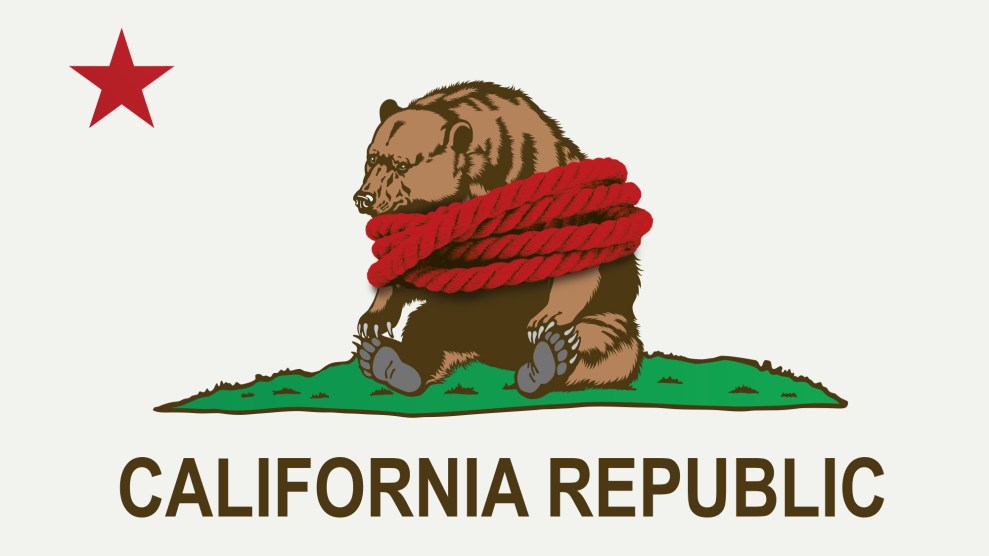 Photo illustration featuring the state flag of California; the grizzly bear that usually is shown walking across the flag has been tied up as if hostage.
