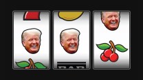 Photo illustration of a slot machine where Trump's face has replaced one of the images and is about to align for a jackpot win.