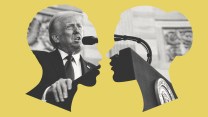 An illustration that centers two silhouettes. The silhouette on the left is male-presenting with closely cut hair. The silhouette on the right is female-presenting with hair in a bun. Inside the two silhouettes, which are facing each other, is a black-and-white image of Donald Trump speaking.