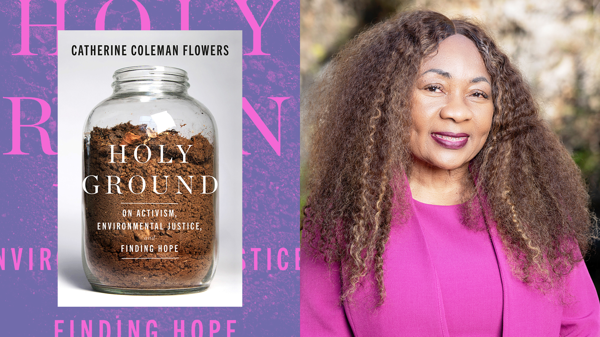 Photo collage of a smiling Catherine Coleman Flowers alongside her novel Holy Ground. 