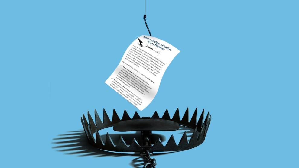 Photo illustration of a resignation email that dangles from a fishing hook above an open and armed bear trap.