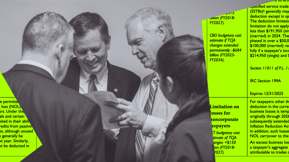 A group of four people in business attire gathers around a document, with two men smiling. Overlays of bright green text blocks contain information about tax deductions and budget estimates.