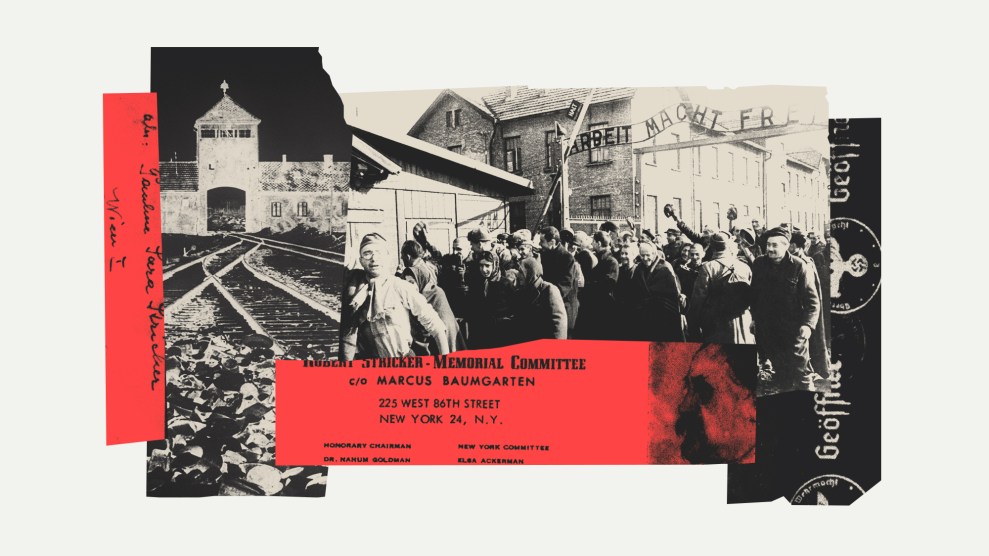 Photo collage featuring an archival image of prisoners being freed from Auschwitz, the railroad tracks into the concentration camp, and clippings of letters and correspondence.