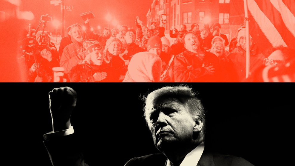 A diptych that pairs two images. At the top, in an orange tint is a photo of a crowd of Trump supporters dressed in winter clothes cheering. Below, in a separate photo, Donald Trump, in a black-and-manila tint, holds up a fist defiantly.