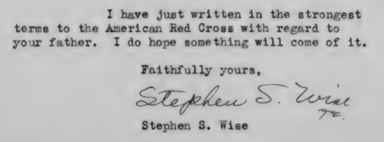 Typed correspondence reads: "I have just written in the strongest terms to the American Red Cross with regard to your father. I do hope something will come of it."