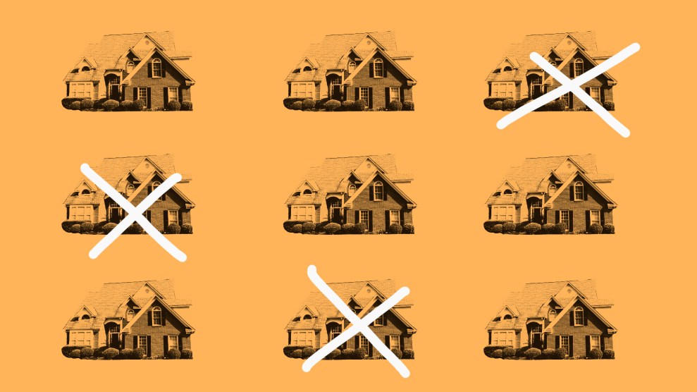 Photo illustration of nine black and white houses, in three rows of three, where three houses are crossed out.