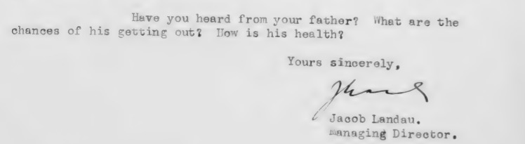 Typed correspondence reads: "Have you heard from your father? What are the chances of his getting out? How is his health?"