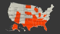 A map of the United States with a birth certificate inset into the map. Nineteen states are shaded red: Alabama, Alaska, Arizona, Texas, Arkansas, Oklahoma, Mississippi, Louisiana, Missouri, Indiana, Nebraska, Florida, Georgia, Tennessee, West Virginia, Utah, Wisconsin, North Dakota, and South Carolina.