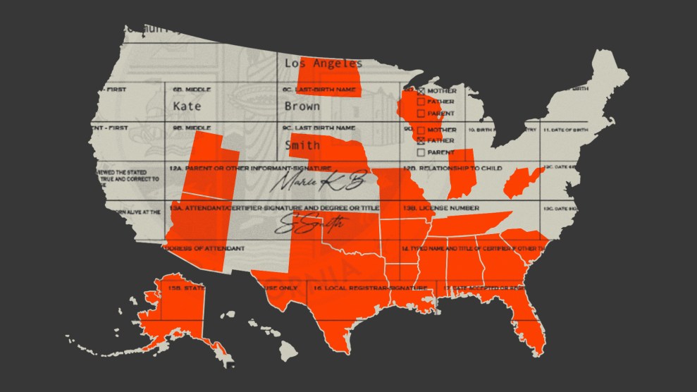 A map of the United States with a birth certificate inset into the map. Nineteen states are shaded red: Alabama, Alaska, Arizona, Texas, Arkansas, Oklahoma, Mississippi, Louisiana, Missouri, Indiana, Nebraska, Florida, Georgia, Tennessee, West Virginia, Utah, Wisconsin, North Dakota, and South Carolina.