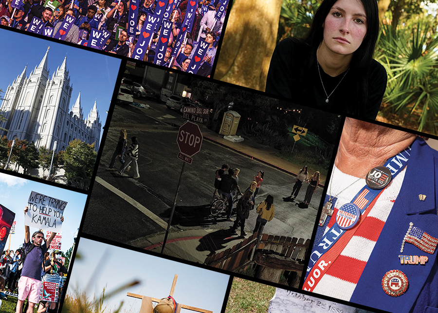 Photo collage featuring various examples of reporting done by journalists at CIR over the last year. Featured images include a crowd of DNC attendees holding "WE LOVE JOE" signs, a portrait of Tayor Cadle—a teenage girl with long dark hair—who looks directly at the viewer, a Mormon church in Salt Lake City, a nighttime shot of students walking along Del Playa Drive in Isla Vista, California, an RNC attendee adorned in bedazzled pins supporting Trump, Pro-Palestine protestors holding signs of support outside of the DNC, a field with a makeshift memorial where a hat and jersey hang from a wooden cross, and a headstone from 1889.