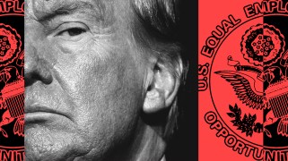 A closely cropped photo of the face of Donald Trump in black and white. He's bracketed on both sides by slivers ofthe U.S. Equal Employment Opportunity Commission seal.