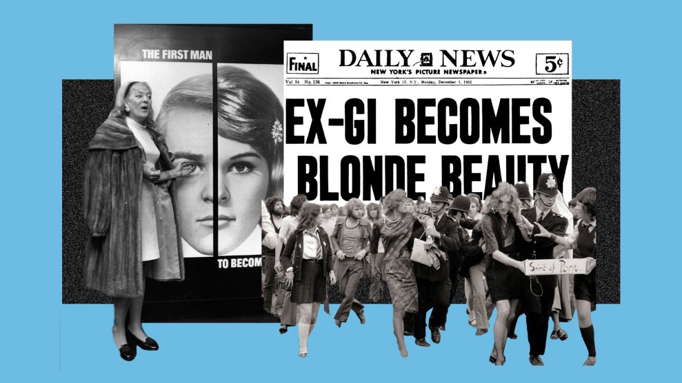 This collage-style image features historical photos related to transgender history. It includes a 1962 newspaper headline that reads, “EX-GI BECOMES BLONDE BEAUTY,” a woman standing next to a poster, and a black-and-white photo of a protest or public gathering with police presence. The background is blue with layered visual elements.