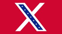 The logo for the social media site X, styled as the Confederate flag; it is overlaid on a red background, with a blue stripe and white stars.