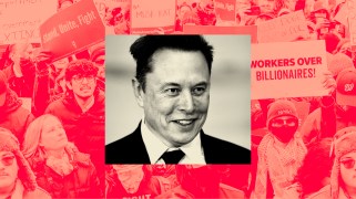 A black and white image of Elon Musk, in suit and tie, tightly centered on his smiling face. Situated behind Musk's smaller photo is a larger photo tinged in red of scores of people rallying in the cold outdoors of Washington, D.C. They hold up signs that read, "Stand, Unite, Fight," Keep DOGE Out of DOL" and "Workers Over Billionaires!"