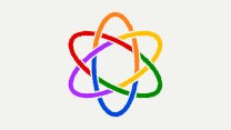 An illustration of a rainbow colored atom