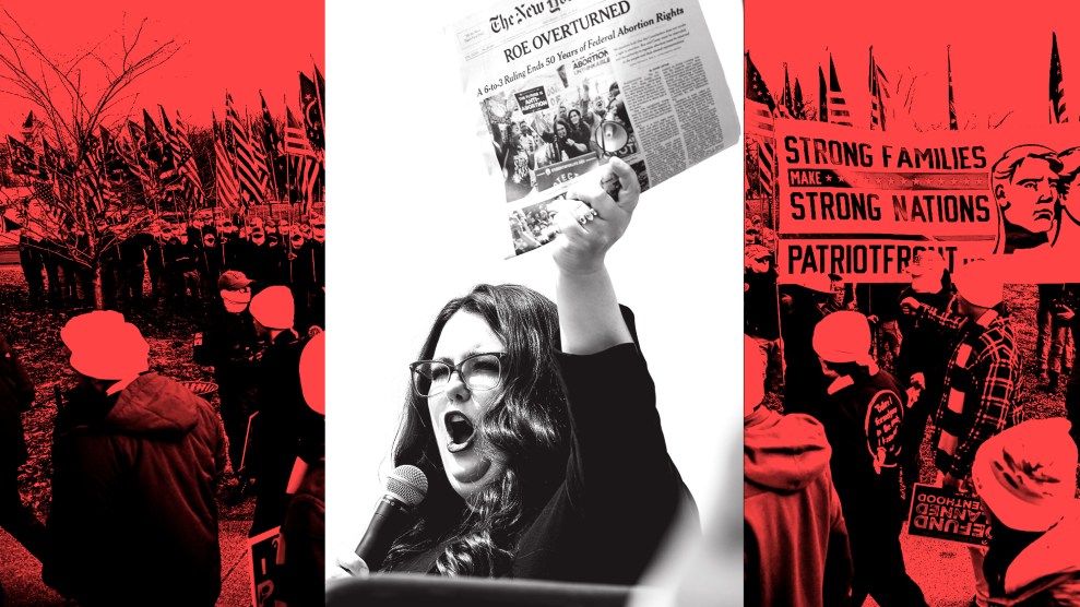 Photo collage featuring Kristan Hawkins, a bespectacled woman speaking into a microphone and holding up a copy of the New York Times with the headline "ROE OVERTURNED."