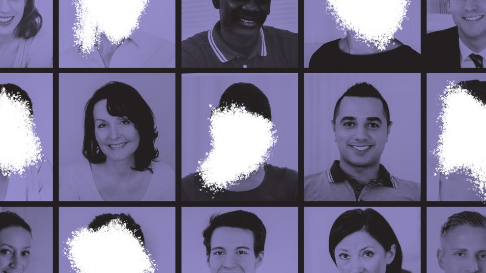 A gridded photo illustration of smiling faces against a purple background with black borders, with some of the faces intentionally erased.