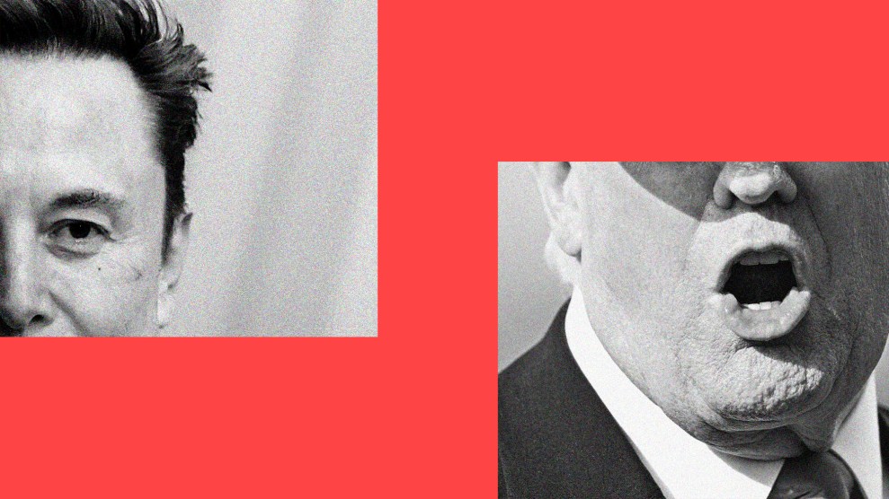 Two tightly cropped black-and-white photos of Elon Musk and Donald Trump against a horizontal red background. Musk's photo, a square on the upper left, shows his face, from nose to the tip of his hair, as his left eye he stares back at the viewer. Trump's photo, a square on the bottom right, is cropped from the bridge of his nose to the top of his tie, and shows him speaking directly at the viewer.