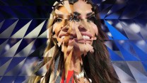 A collage of close-up facial features, including eyes, lips, and expressions, arranged in horizontal strips against a red background. The images are cropped to focus on makeup, expressions, and styling details.