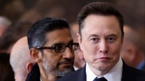 Close-up of Elon Musk and Google CEO Sundar Pichai, shown from the neck up.