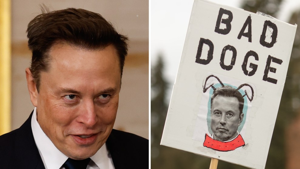 two photos, one of elon musk and the other of a protesters sign that reads "BAD DOGE"