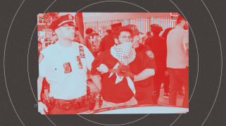 Two police officer escort a handcuffed young man at a protest. The image is tinted red, cut out, and set on a background of black concentric circles resembling a target.