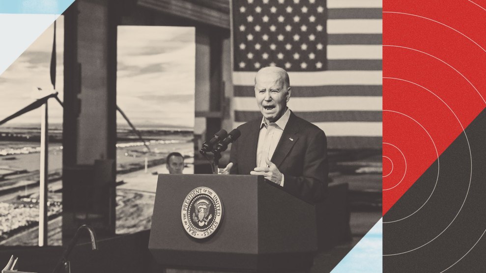 President Joe Biden speaks at a podium with the presidential seal, with an American flag behind him. A wind turbine and industrial landscape are visible in the background. The image is overlaid with graphic design elements, including red and black concentric circles resembling a target.