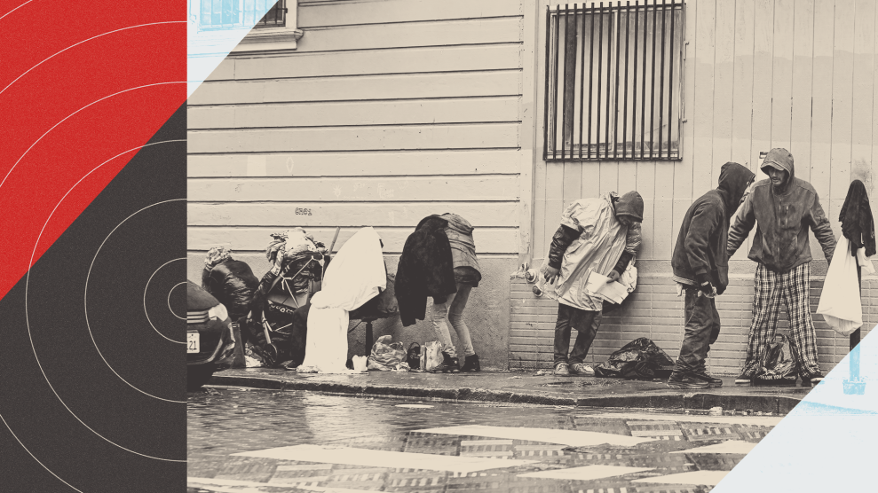 Several homeless people in baggy clothing and jackets stand against a wall on the sidewalk outdoors in rainy weather. The image is overlaid with graphic design elements, including red and black concentric circles resembling a target.