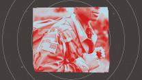 A closely cropped image of a young black US soldier in camouflage fatigues carrying a backpack. There's an American flag patch on his right shoulder. The image is tinted red, cut out, and set on a background of black concentric circles resembling a target.