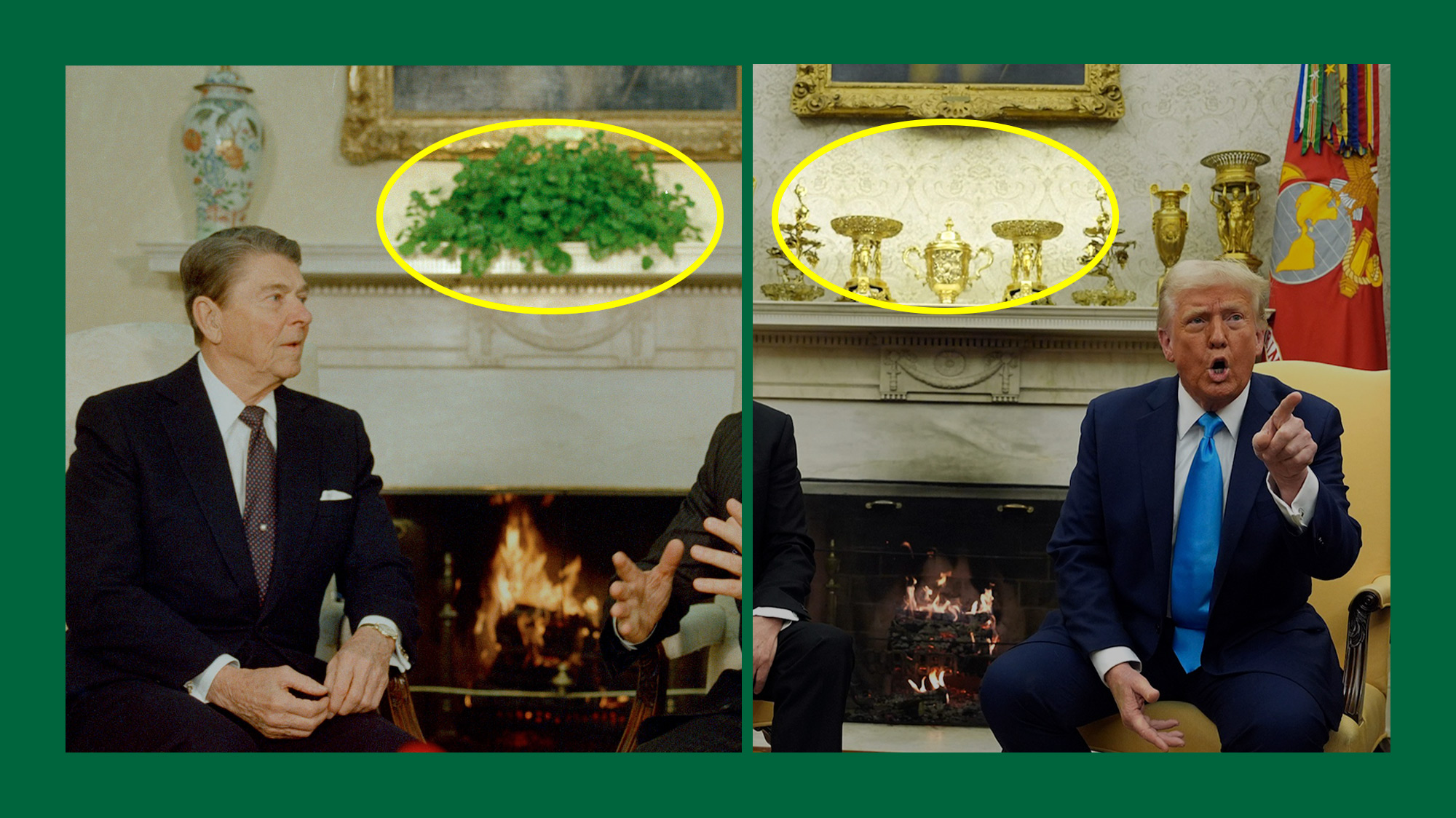 Two images of the Oval Office: one with President Reagan and one with President Trump. The photo with President Trump has a yellow graphic oval highlighting a missing a plant.
