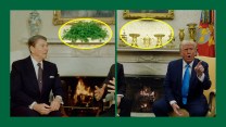 Two images of the Oval Office: one with President Reagan and one with President Trump. The photo with President Trump has a yellow graphic oval highlighting a missing a plant.