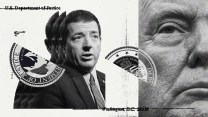 A black-and white illustration with images of Interim US Attorney for the District of Columbia Ed Martin and President Donald Trump. Between the men's photos is an image of the Department of Justice seal, split in half.