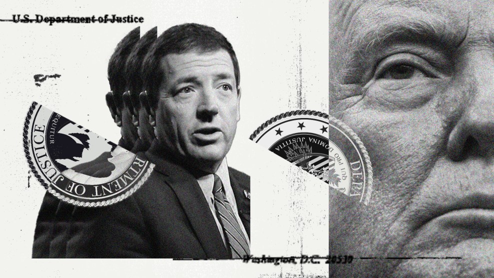 A black-and white illustration with images of Interim US Attorney for the District of Columbia Ed Martin and President Donald Trump. Between the men's photos is an image of the Department of Justice seal, split in half.