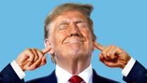 Photo illustration of Donald Trump smiling, with his eyes closed and his fingers shoved into his ears.