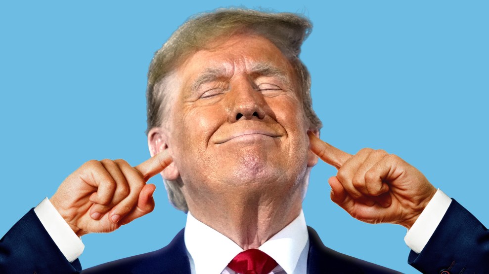 Photo illustration of Donald Trump smiling, with his eyes closed and his fingers shoved into his ears.