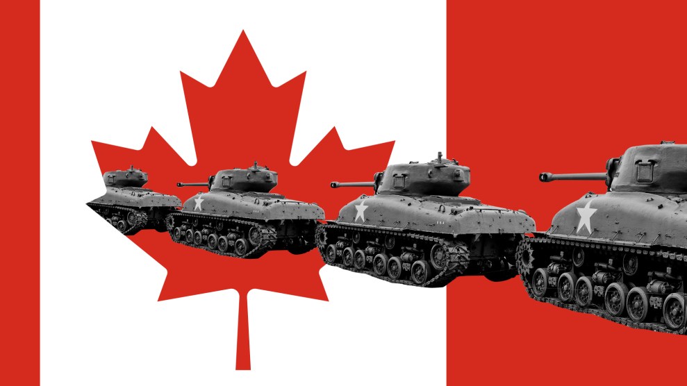 Photo illustration of the Canadian flag with an envoy of US military tanks entering through the maple leaf symbol in the center.