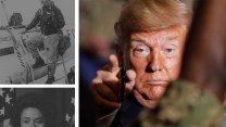 Photo collage with Donald Trump pointing at viewers among US military troops on the right. On the left are black-and-white images of two African American service members.