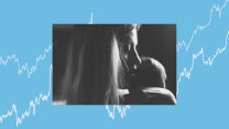 A collage with a photo of a young mother holding a newborn overlaid on a graph with two rising lines on a blue background.