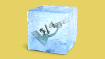 An illustration of a teal-colored microscope with silver and black parts frozen in a block of blue ice against a yellow background.