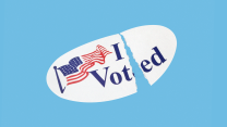 An illustration of a white oval sticker that says, "I Voted," with an American flag billowing to the left. The sticker is torn in two.