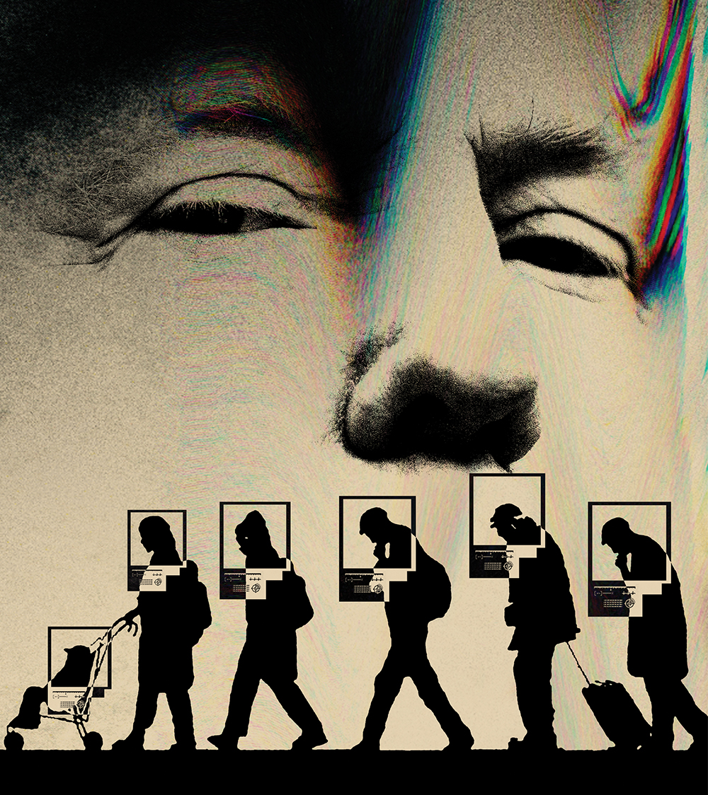 Photo collage featuring the silhouettes of immigrants (men, women, children) walking in a line; a facial recognition technology program box is overlaid on each of their heads. A distorted photograph of a glaring Donald Trump looms above the crowd.