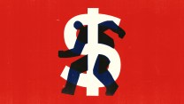 Silhouette of a person walking is entangled and trapped in a dollar sign.