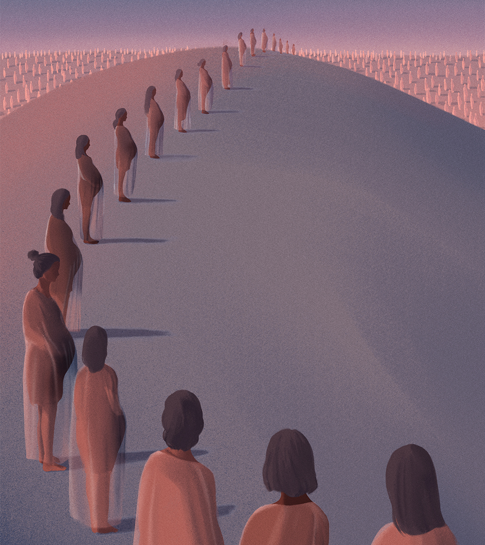 A stylized illustration of a long, single-file line of pregnant women on a barren, purple-gray hill that curves into the distance. On either side of the hill, endless fields of more pregnant women stretch to the horizon. The scene is cast in the muted light of dawn or dusk, creating a dystopian and melancholic mood.
