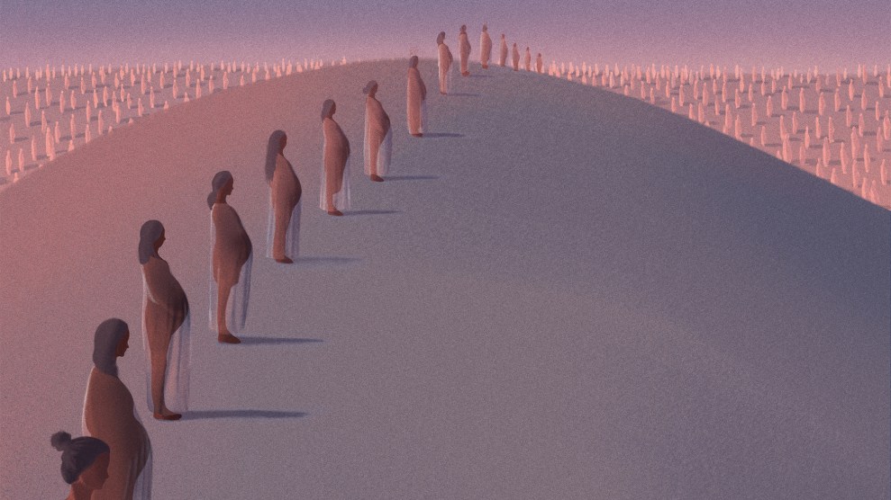 A stylized illustration of a long, single-file line of pregnant women on a barren, purple-gray hill that curves into the distance. On either side of the hill, endless fields of more pregnant women stretch to the horizon. The scene is cast in the muted light of dawn or dusk, creating a dystopian and melancholic mood.
