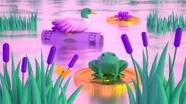 An illustration of wild green animals in a wetland, floating on a rolled up 20-dollar bill as a floatation device.