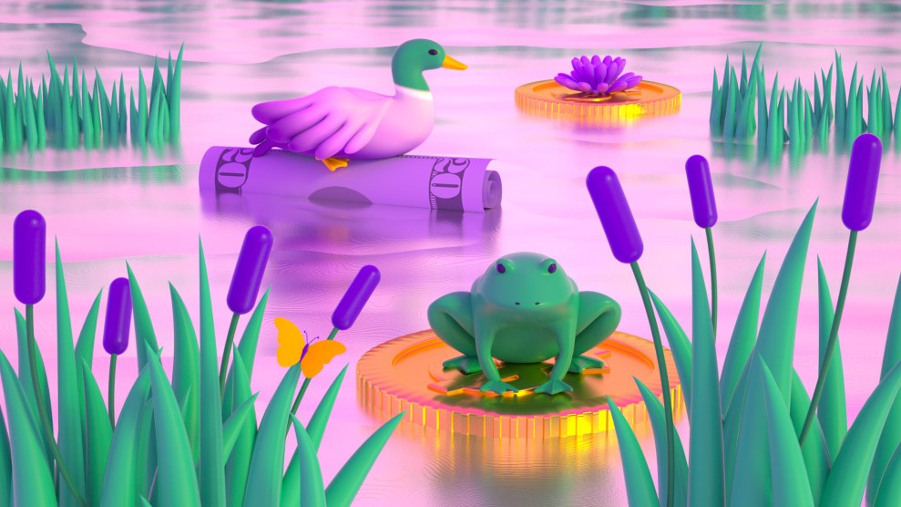 An illustration of wild green animals in a wetland, floating on a rolled up 20-dollar bill as a floatation device.
