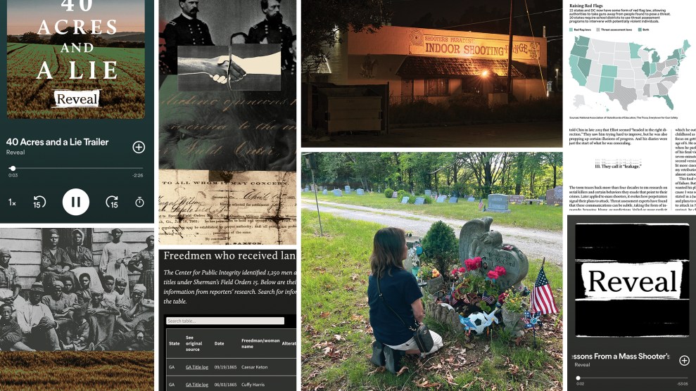 A collage of images related to historical injustice, gun violence, and investigative journalism. Top left shows the podcast ‘40 Acres and a Lie.’ Center left features a historic document and a black-and-white photo of a group of people. Top center shows a night photo of a shuttered gun range called ‘Shooters Paradise Indoor Shooting.’ Top right includes a U.S. map of red flag gun laws and a highlighted excerpt about warning signs of mass shooters. Bottom center shows a woman kneeling at a decorated grave in a cemetery. Bottom right shows another podcast episode titled ‘Lessons From a Mass Shooter’ by Reveal.