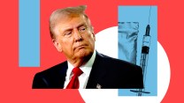 Photo illustration of Donald Trump frowning and looking sideways at a stylized image of powdered fentanyl and a syringe.