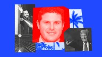 Collage featuring a smiling middle aged man in the center; on his left is President Bukele waving and president Trump is pointing back on the right side. Behind them is Flordia palm trees.