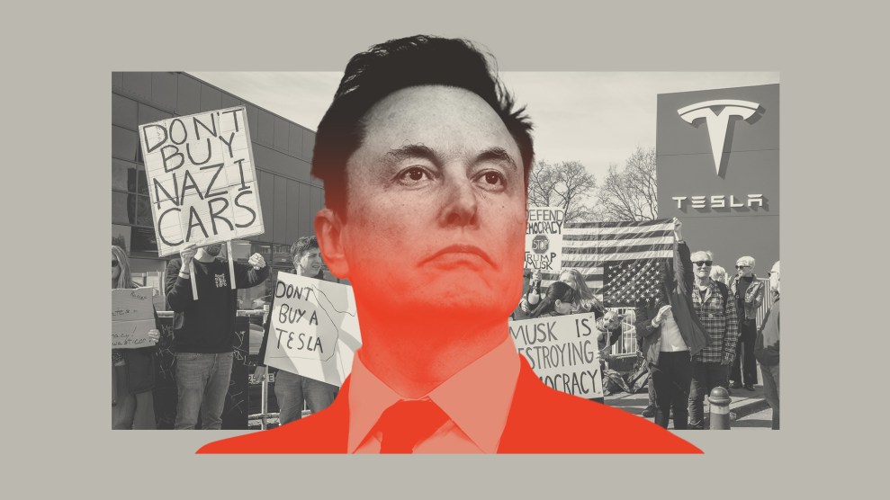A collage with an Elon Musk photo in front of an anti-Tesla protest photo against a light grey background. Elon is tinted black and white, the protest is tinted red and orange.